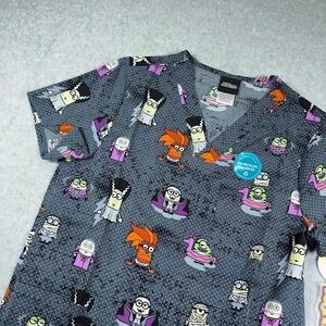 Minions Scrub Top Extra Small Cherokee Tooniforms Halloween Spooky V Neck NWT